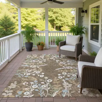 8' X 10' Chocolate Ivory And Blue Floral Washable Indoor Outdoor Area Rug