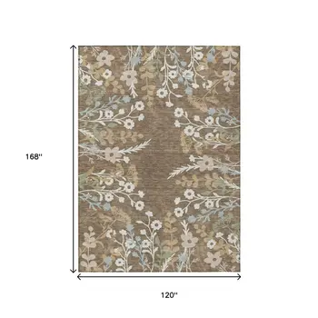 10' X 14' Chocolate Ivory And Blue Floral Washable Indoor Outdoor Area Rug