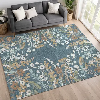 3' X 5' Denim Blue Brown And Beige Floral Washable Indoor Outdoor Area Rug