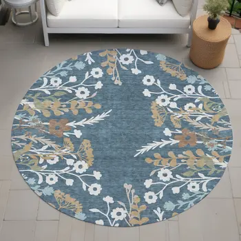 8' Denim Blue Brown And Beige Round Floral Washable Indoor Outdoor Area Rug