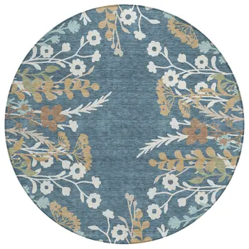8' Denim Blue Brown And Beige Round Floral Washable Indoor Outdoor Area Rug