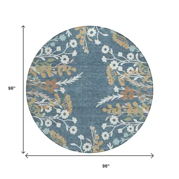 8' Denim Blue Brown And Beige Round Floral Washable Indoor Outdoor Area Rug