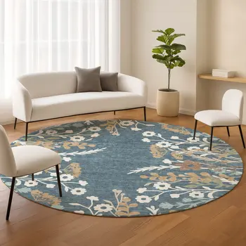 8' Denim Blue Brown And Beige Round Floral Washable Indoor Outdoor Area Rug
