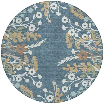 8' Denim Blue Brown And Beige Round Floral Washable Indoor Outdoor Area Rug