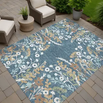 8' X 10' Denim Blue Brown And Beige Floral Washable Indoor Outdoor Area Rug