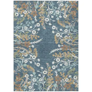 8' X 10' Denim Blue Brown And Beige Floral Washable Indoor Outdoor Area Rug