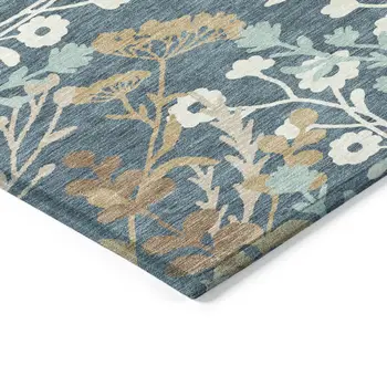 8' X 10' Denim Blue Brown And Beige Floral Washable Indoor Outdoor Area Rug