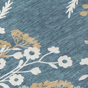 8' X 10' Denim Blue Brown And Beige Floral Washable Indoor Outdoor Area Rug