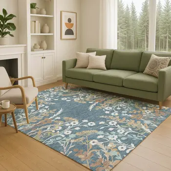 8' X 10' Denim Blue Brown And Beige Floral Washable Indoor Outdoor Area Rug