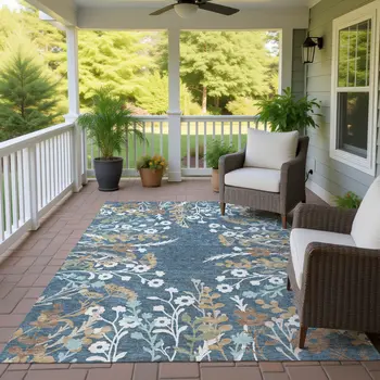 8' X 10' Denim Blue Brown And Beige Floral Washable Indoor Outdoor Area Rug
