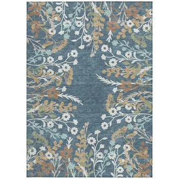 9' X 12' Denim Blue Brown And Beige Floral Washable Indoor Outdoor Area Rug