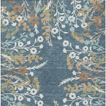 10' X 14' Denim Blue Brown And Beige Floral Washable Indoor Outdoor Area Rug