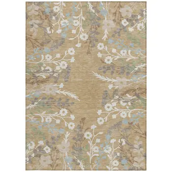 5' X 8' Gold Gray And Ivory Floral Washable Indoor Outdoor Area Rug