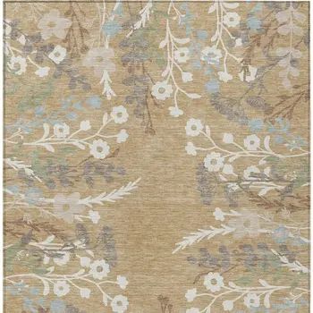 5' X 8' Gold Gray And Ivory Floral Washable Indoor Outdoor Area Rug