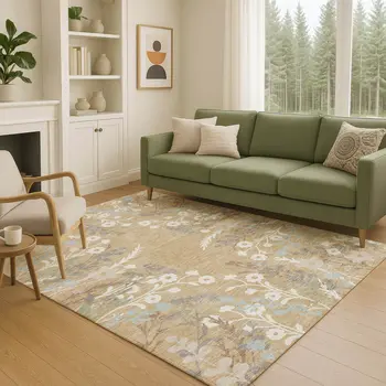 5' X 8' Gold Gray And Ivory Floral Washable Indoor Outdoor Area Rug