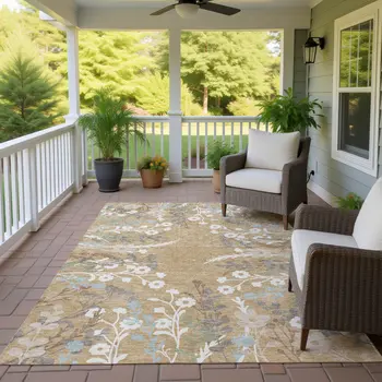 5' X 8' Gold Gray And Ivory Floral Washable Indoor Outdoor Area Rug