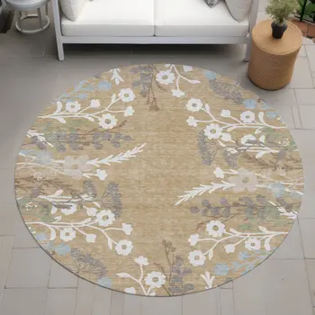8' Gold Gray And Ivory Round Floral Washable Indoor Outdoor Area Rug
