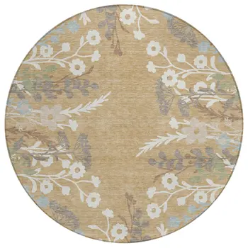 8' Gold Gray And Ivory Round Floral Washable Indoor Outdoor Area Rug