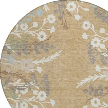 8' Gold Gray And Ivory Round Floral Washable Indoor Outdoor Area Rug