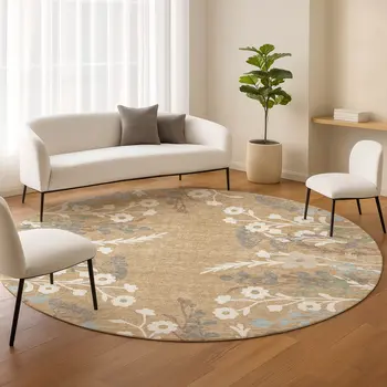 8' Gold Gray And Ivory Round Floral Washable Indoor Outdoor Area Rug