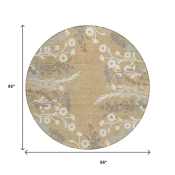 8' Gold Gray And Ivory Round Floral Washable Indoor Outdoor Area Rug