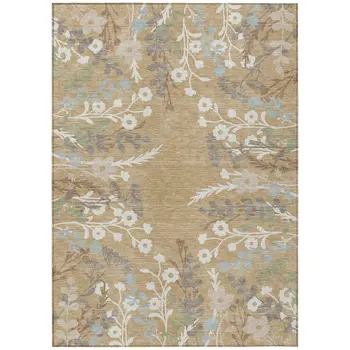 9' X 12' Gold Gray And Ivory Floral Washable Indoor Outdoor Area Rug