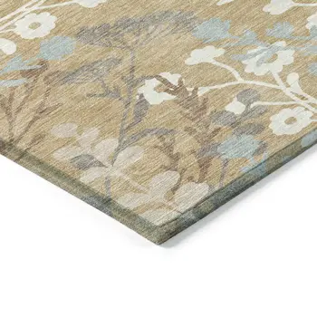 9' X 12' Gold Gray And Ivory Floral Washable Indoor Outdoor Area Rug