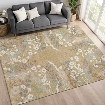 9' X 12' Gold Gray And Ivory Floral Washable Indoor Outdoor Area Rug