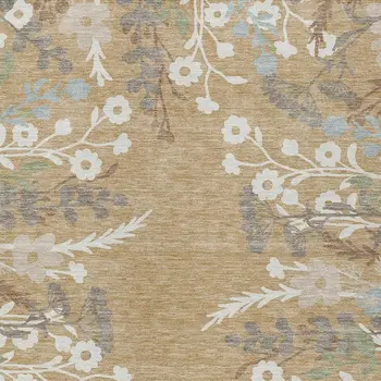 10' X 14' Gold Gray And Ivory Floral Washable Indoor Outdoor Area Rug