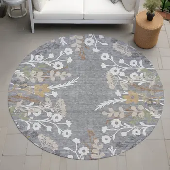8' Gray Ivory And Beige Round Floral Washable Indoor Outdoor Area Rug