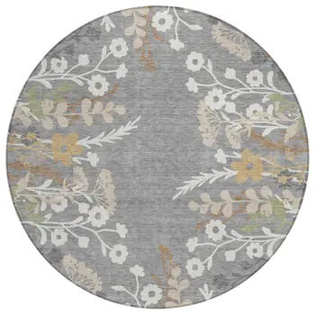 8' Gray Ivory And Beige Round Floral Washable Indoor Outdoor Area Rug