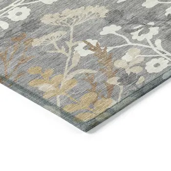 8' Gray Ivory And Beige Round Floral Washable Indoor Outdoor Area Rug