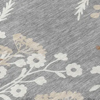 8' Gray Ivory And Beige Round Floral Washable Indoor Outdoor Area Rug