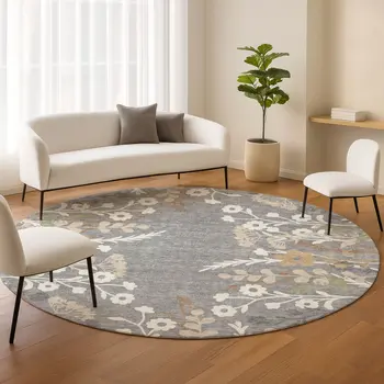 8' Gray Ivory And Beige Round Floral Washable Indoor Outdoor Area Rug