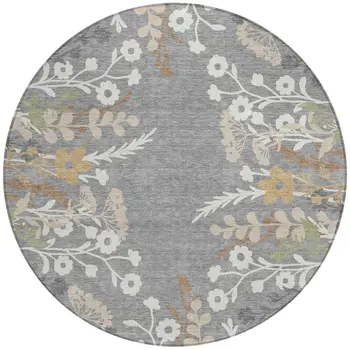 8' Gray Ivory And Beige Round Floral Washable Indoor Outdoor Area Rug