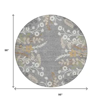 8' Gray Ivory And Beige Round Floral Washable Indoor Outdoor Area Rug