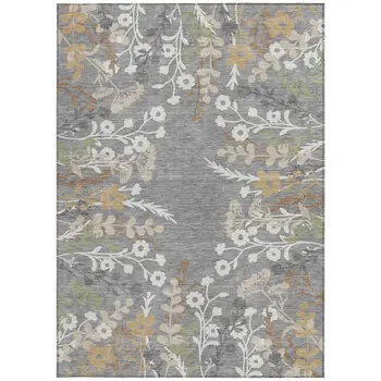 8' X 10' Gray Ivory And Beige Floral Washable Indoor Outdoor Area Rug