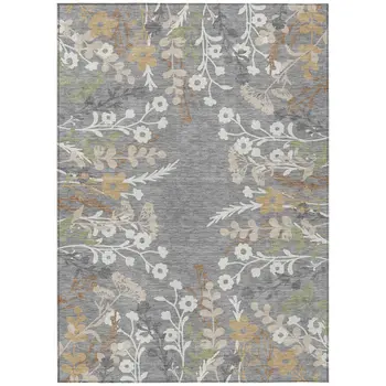 8' X 10' Gray Ivory And Beige Floral Washable Indoor Outdoor Area Rug