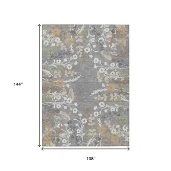 9' X 12' Gray Ivory And Beige Floral Washable Indoor Outdoor Area Rug