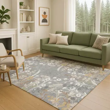9' X 12' Gray Ivory And Beige Floral Washable Indoor Outdoor Area Rug