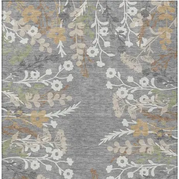 10' X 14' Gray Ivory And Beige Floral Washable Indoor Outdoor Area Rug