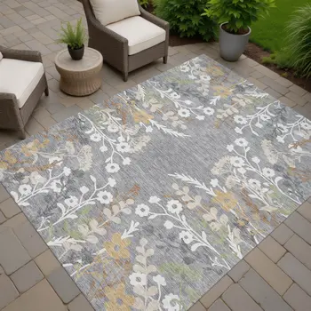 10' X 14' Gray Ivory And Beige Floral Washable Indoor Outdoor Area Rug