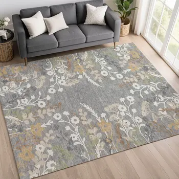 10' X 14' Gray Ivory And Beige Floral Washable Indoor Outdoor Area Rug