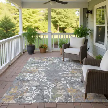 10' X 14' Gray Ivory And Beige Floral Washable Indoor Outdoor Area Rug