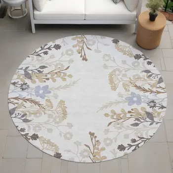 8' Ivory Khaki And Gray Round Floral Washable Indoor Outdoor Area Rug