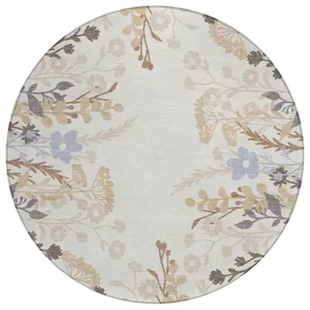8' Ivory Khaki And Gray Round Floral Washable Indoor Outdoor Area Rug