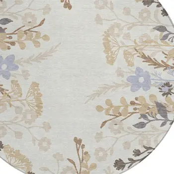 8' Ivory Khaki And Gray Round Floral Washable Indoor Outdoor Area Rug