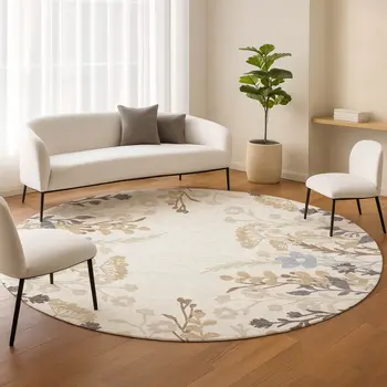8' Ivory Khaki And Gray Round Floral Washable Indoor Outdoor Area Rug