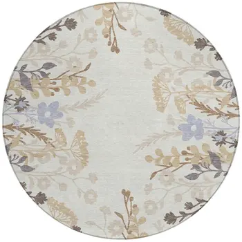 8' Ivory Khaki And Gray Round Floral Washable Indoor Outdoor Area Rug