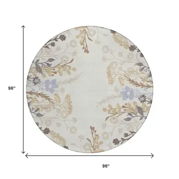 8' Ivory Khaki And Gray Round Floral Washable Indoor Outdoor Area Rug